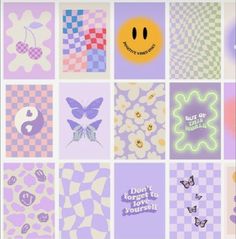 a collage of different colored squares with smiley faces and words on them, all in purple