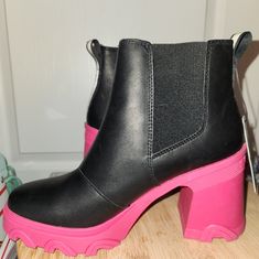 Black With Pink Heel. New Lug Boot. Sorely And Waterproof Will Get You Ready For Winter. Pink Lug Sole Boots, Black Ankle-high Waterproof Boots With Rubber Sole, Black Ankle-high Waterproof Boots With Steel Toe, Ankle-high Lug Sole Boots Medium Width, Lug Boots, Sorel Shoes, Sorel Womens, Pink Heels, Winter Rain