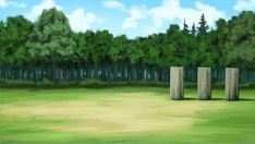 three wooden posts in the middle of a grassy area with trees behind them and blue sky above