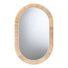 a mirror that is made out of wood and has an oval frame around the edge