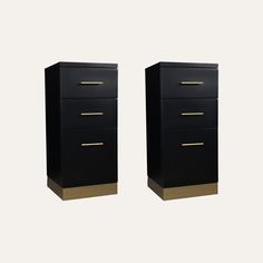 two black drawers with gold handles against a white background, one is closed and the other is closed