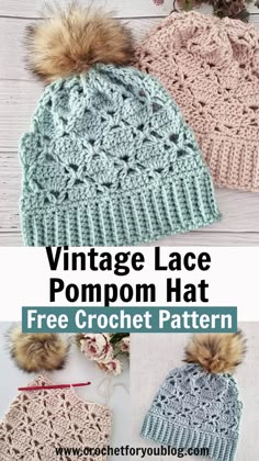 the vintage lace pompom hat is free crochet pattern