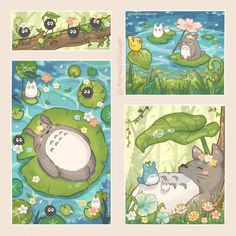 four different pictures of cats in the water with lily pads and flowers around them,