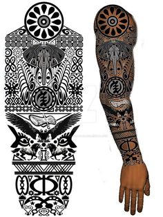 an arm with tattoos on it, and another tattoo design in black and white colors