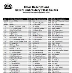 the color description sheet for dmc embroidery floss colors