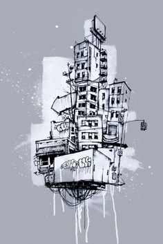 a drawing of a building with graffiti on it