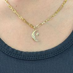 "This precious necklace is composed of 14K solid gold.  This design is available to be purchased as a charm alone and can be combined with any of our popular chains or enhancers. ♦ Crescent Moon Dimensions: approximately 11mm (W) x 17mm (L, not including the bail) ♦ Weight: approximately 1.5 grams of 14K solid gold ♦ Metal Finish: High Shine Polish ♦ This design is available in Rose, White and Yellow 14K Gold ♦ Our inventory is limited on Etsy. You can find more quantities and unique designs by 14k Gold Crescent Celestial Necklace, Celestial Crescent 14k Gold Necklace, Moon-shaped Yellow Gold Necklaces With Charms, Yellow Gold Moon-shaped Necklaces With Charms, Yellow Gold Moon Necklaces With Charms, Celestial Crescent Yellow Gold Necklace, Celestial Yellow Gold Charm Necklace With Adjustable Chain, Celestial Star Charm Pendant Necklace, 14k Gold Star-shaped Moon Charm Jewelry