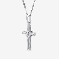 Celebrate your faith with our Women�s Diamond Accent Cross Pendant Necklace in sterling silver. This beautifully crafted piece features a stunning cross pendant adorned with a sparkling natural diamond, showcasing a rounded carat weight of less than 1/10 ct. t.w. The pendant measures 24.4mm in length and 11.9mm in width, suspended from an 18-inch rope chain with a secure spring ring clasp. Packaged in a lovely gift box, this necklace makes a meaningful gift for special occasions or a heartfelt a Silver Cross Jewelry With Birthstone, White Gold Cross Charms For Anniversary, Mother's Day Cross Jewelry, Sterling Silver Cross Jewelry For Anniversary, Sterling Silver Cross Pendant Necklace For Anniversary, Sterling Silver Cross For Anniversary, Mother's Day Sterling Silver Cross Pendant Jewelry, Sterling Silver Cross Necklace With Birthstone, Sterling Silver Cross Charms For Anniversary