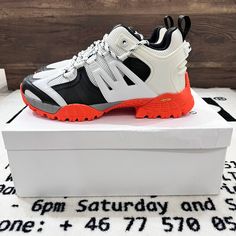 Brand New In Box. Sandro H19 Hiking Vibram Rugged Sole Dad Chunky Shoes White Orange Black Colorways. Mixed Materials: Leather, Mesh, Rubber Size 42eu = 9us - 9.5us Men. Msrp: $425 After Tax. Fb Ig Bensurbanbargain White Leather High-top Sneakers With Vibram Sole, Modern White Chunky Sneakers With Vibram Sole, White Chunky Sneakers With Studded Rubber Outsoles, Modern White High-top Sneakers With Lug Sole, White Sneakers With Contrast Sole For Outdoor, White Outdoor Sneakers With Contrast Sole, White Sneakers With Studded Rubber Outsoles For Outdoor, White High-top Sneakers With Rubber Sole For Outdoor, White High-top Chunky Dynamic Sneakers