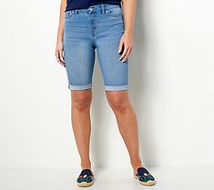 Bermuda shorts are a summer staple. And these Bermuda shorts -- with an easy stretch fabrication and stylish rolled cuffs -- fit every suns-out scenario.  The BBQ: wear them while enjoying a grilled burger and cool drink. Enhance this fab short with an Americana-themed tee and slide sandals, and get your yard-game on!  The beach vacation: pull them on before you bike into town for an omelet and fresh-squeezed juice. Just add sneakers and a zip-up jacket (in case there's a chill from that ocean b Yard Game, Semi Casual, Easy Stretches, Bermuda Short, Comfy Dresses, Omelet, Summer Staples, Rolled Hem, Chiffon Blouse