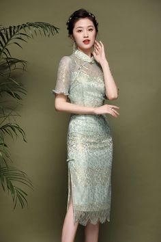 a chinese girl in Mint Green Lace Cheongsam Qipao Dress Qipao Cheongsam, Qipao Dress, Wedding Essentials, Cheongsam Dress, Chinese Dress, Green Lace, Cheongsam, Home Wedding, Mandarin Collar