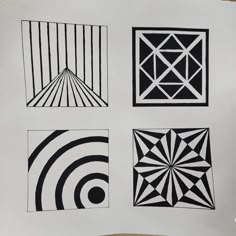 four different black and white designs on a piece of paper with lines in the middle