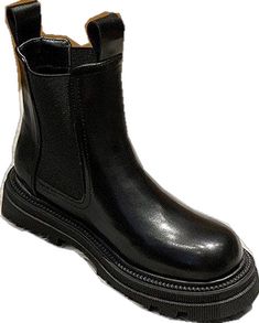 High-top Chelsea Boots For Workwear, High-top Chelsea Boots For Work In Fall, Black Slip-on Faux Leather Boots, Black Faux Leather Slip-on Boots, Fall Slip-on Boots With Padded Ankle, Black Ankle Martin Boots, Black Martin Boots With Padded Ankle For Fall, Ankle-high Faux Leather Chelsea Boots, Medium Width Faux Leather Chelsea Boots