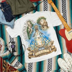 Vintage 90s Y2k Double Sided Jesus Religious Catholic Aop T-Shirt. Missing Tag, Great Condition. Large P2p 21.5” Length 27” Jesus Tees, Double Sided, American Vintage, Vintage Shirts, White Vintage, Siding, Mens Shirts, Jesus, Man Shop