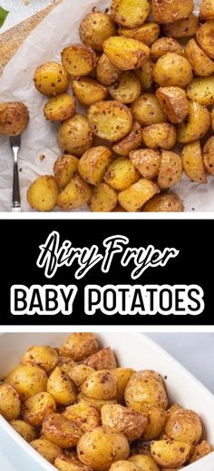 Collage of overhead shot of crispy air fryer baby potatoes at top and dish full of air fryer baby potatoes at bottom. Nugget Potatoes Recipes, Mini Golden Potatoes, Air Fryer Mini Potatoes, Mini Potatoes Recipe, Small Potatoes Recipe, Slow Cooker Vegetable Recipes