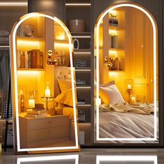 two mirrors that have lights on them in the shape of arch shaped doors, one is lit up and the other is open