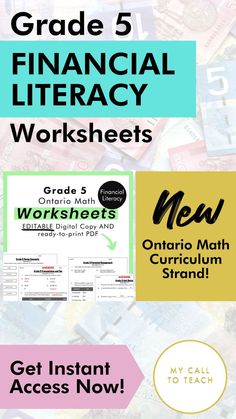 Grade 5 financial literacy worksheets in alignment with the new Ontario math curriculum strand! Get instant access now via My Call To Teach! Financial Literacy Worksheets, Probability Math, Financial Literacy Lessons, Literacy Worksheets, Upper Elementary Math, Literacy Lessons, Home Schooling, Math Homework, Grade 8