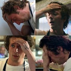 four different shots of a man holding his head