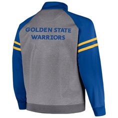 a gray and blue jacket with the words golden state warriors on it