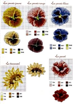 the cross stitch chart shows different colors and sizes of flowers, including red, yellow, blue