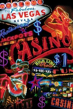 the las vegas nevada neon casino sign is lit up with bright lights and money signs