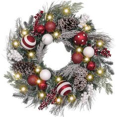 a christmas wreath with red and white ornaments