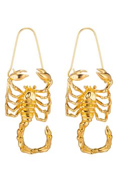 Put some serious sting in your look with these bold scorpion drop earrings. Post and loop closure Goldtone plate Imported Scorpion Jewelry, Scorpion Earrings, Funky Jewelry, Earrings In Gold, Keep Jewelry, Scorpion, Accessories Earrings, Post Earrings, Eye Candy