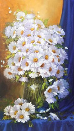 a painting of white daisies in a vase