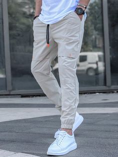 Cinza Claro Casual Collar  Tecido Simples Jogger Embellished Não elástico Jogger Outfit, Stylish Men Wear, Pants Outfit Men, Drawstring Waist Pants, Casual Cargo Pants