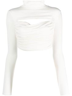 Cropped White Long Sleeve, White Hollow Out Fitted Tops, White Long Sleeve Top With Hollow Out, Edgy White Fitted Crop Top, White Long Sleeve Tops With Hollow Out Details, High Fashion Outfits, Cropped Tops, Roll Neck, White Crop Top