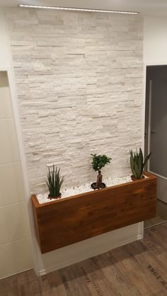 three succulents are placed on a wooden shelf in front of a white brick wall