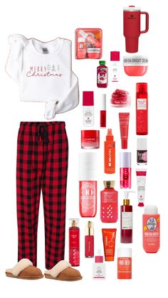 the contents of a woman's red and black plaid pants, white t - shirt, cup, mug, lipstick, perfume bottle, shoes