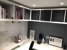 a white desk topped with lots of drawers