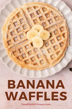 banana waffles on a plate with powdered sugar