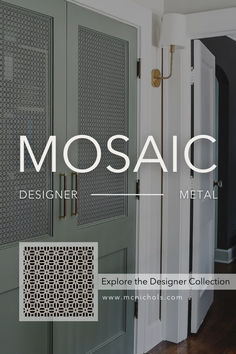 the front door and side panels of a house with text mosaic explore the designer collection