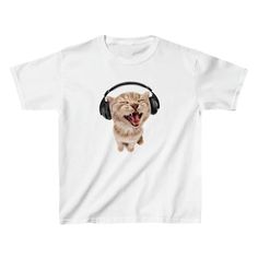 Cute Cat With Headphones White Baby Tee - printwithSKY – printwithsky Relaxed Fit Tops With Cat Design For Streetwear, Relaxed Fit Cat Design Tops For Streetwear, Cute Cat With Headphones, Fitted White Top With Cat Print, White Y2k Cat Print Top, Cat With Headphones, Y2k Style Cat Print Crew Neck T-shirt, Y2k Crew Neck T-shirt With Cat Print, Y2k Style Short Sleeve T-shirt With Cat Print