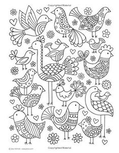 a coloring page with birds and flowers