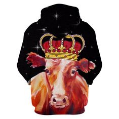 Brown Cow wearing a Crown 3D Hoodie Back Prince Art, Hoodies Mens, Vibrant Red, Unisex Design