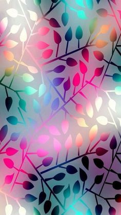 an abstract background with leaves and lights in pink, blue, green, yellow and purple colors