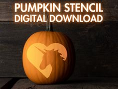 a pumpkin with the words pumpkin stencil digital download on it and an image of a unicorn's head