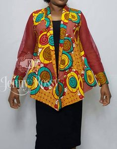 KEMI self tie African Wrap around Free top with mesh | Etsy Stretch Long Sleeve Party Blazer, Fitted Long Sleeve Blazer For Layering, Summer Party Long Sleeve Blazer, Fitted Outerwear With Sheer Sleeves, Long Sleeve Patchwork Blouse For Party, Multicolor Long Sleeve Blouse For Layering, Modern African Clothing, Office Wears, Kitenge Designs