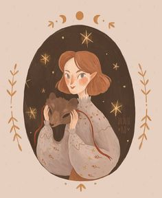 a painting of a woman holding a baby animal in front of a star filled background