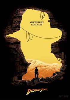 the indiana jones movie poster is shown in black and yellow with a man standing on top of