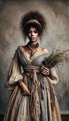 a woman in an old fashion dress holding flowers