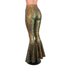 "**Due to SO MANY issues with USPS - we STRONGLY ENCOURAGE you to purchase the UPS Upgrade with your order located here: https://www.etsy.com/listing/926751536/ups-upgrade Made of holographic gold on black shattered glass - these high-waisted bell bottoms will fit you perfectly. They hug your hips and flare out at the feet. The standard inseam is 35\" (the mannequin is 5'8\") but can be customized by putting your desired inseam in the comments/notes when checking out. Women's Sizing (See below f Retro Style Fall Festival Pants, Disco Festival Bottoms For Night Out, Disco Style Bottoms For Night Out Festival, Disco Style Party Festival Bottoms, Disco Festival Party Bottoms, Vintage Stretch Bottoms For Festival, Metallic Flare Pants For Party, Disco Flare Bottoms For Party, Disco Flare Bottoms For Party Season