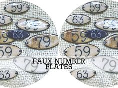 the number plates have numbers on them and are numbered in different sizes, shapes, and colors