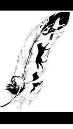 a black and white drawing of a bird's feather with silhouettes on it