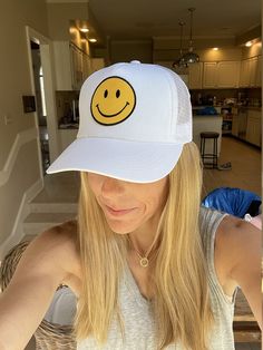 Adorable and so much fun!! This Smiley Face Vintage Trucker hat sits high for that cool Cali surfer vibe. Fully adjustable, foam backing with cotton front, trucker style with a mesh back. Perfect for the beach, sun, or just a bad hair day. Get ready for Summer!! Smiley Face Trucker Hat, Funny White Adjustable Baseball Cap, Funny White Trucker Hat Baseball Cap, Funny White Baseball Cap Trucker Hat, White Funny Snapback Hat, Funny White Snapback Hat, Funny White Cap Hat, Funny White Cap, Funny White Adjustable Trucker Hat