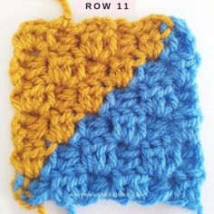 a crocheted square with the words row 11 on it