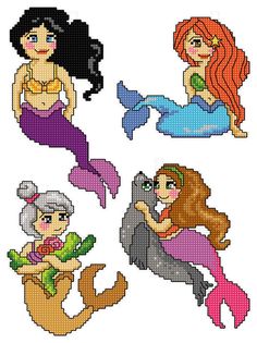 four mermaids cross stitched together in different colors and sizes, each with their own character